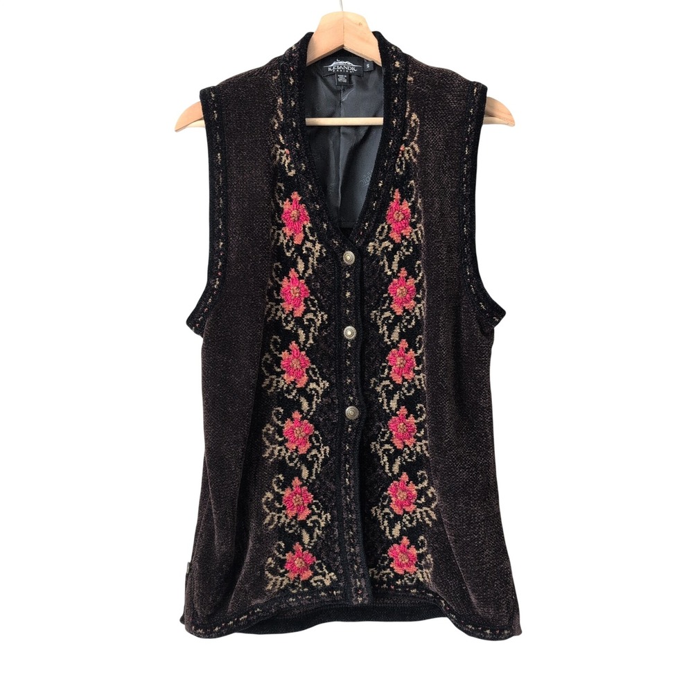 Icelandic Design Brown Floral Embroidered Button Long Sweater Vest Granny Small